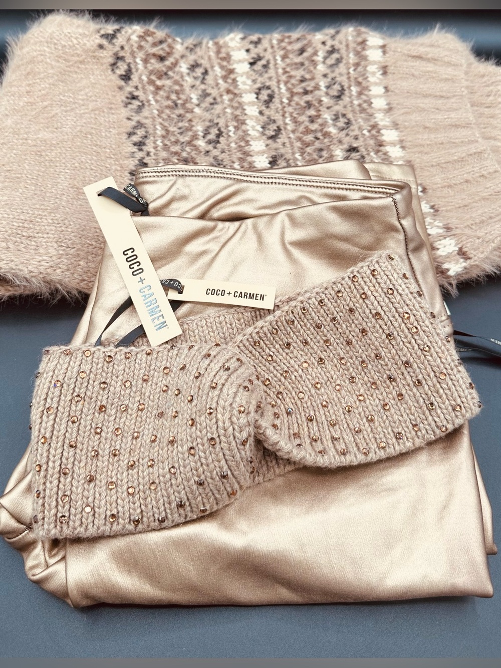 NWT COCO + Carmen 3-Pc Winter Set Metallic Gold Leggings Scarf Crystal Headband